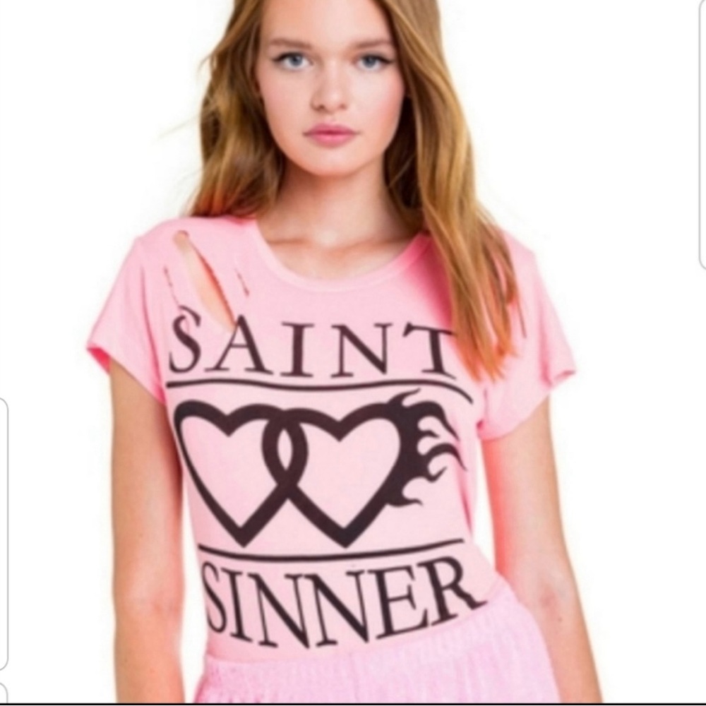 Price Firm.NWT Wildfox Pink Saint Sinner Thrashed Tee, Size Small